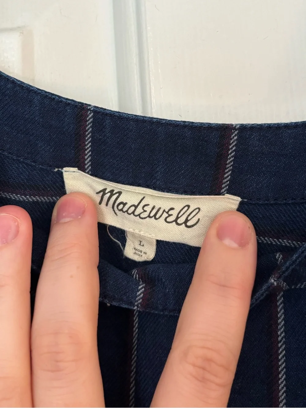 Madewell Navy Plaid Peplum Blouse | Puff Sleeve Square Neck Top | Size Large